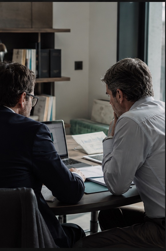 Due responsabili esaminano insieme dati commerciali al tavolo.